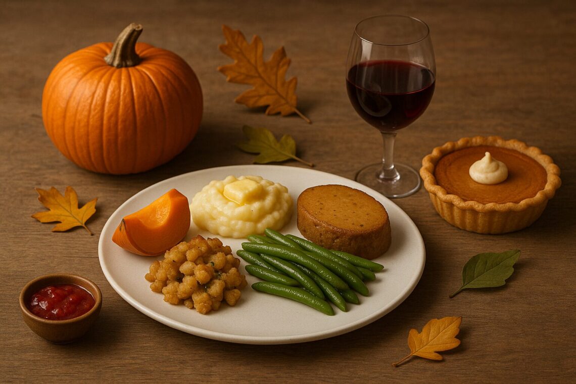Vegetarian Thanksgiving feast on a rustic table, featuring pumpkin pie, quiche, Brussels sprouts, salad and autumn décor.